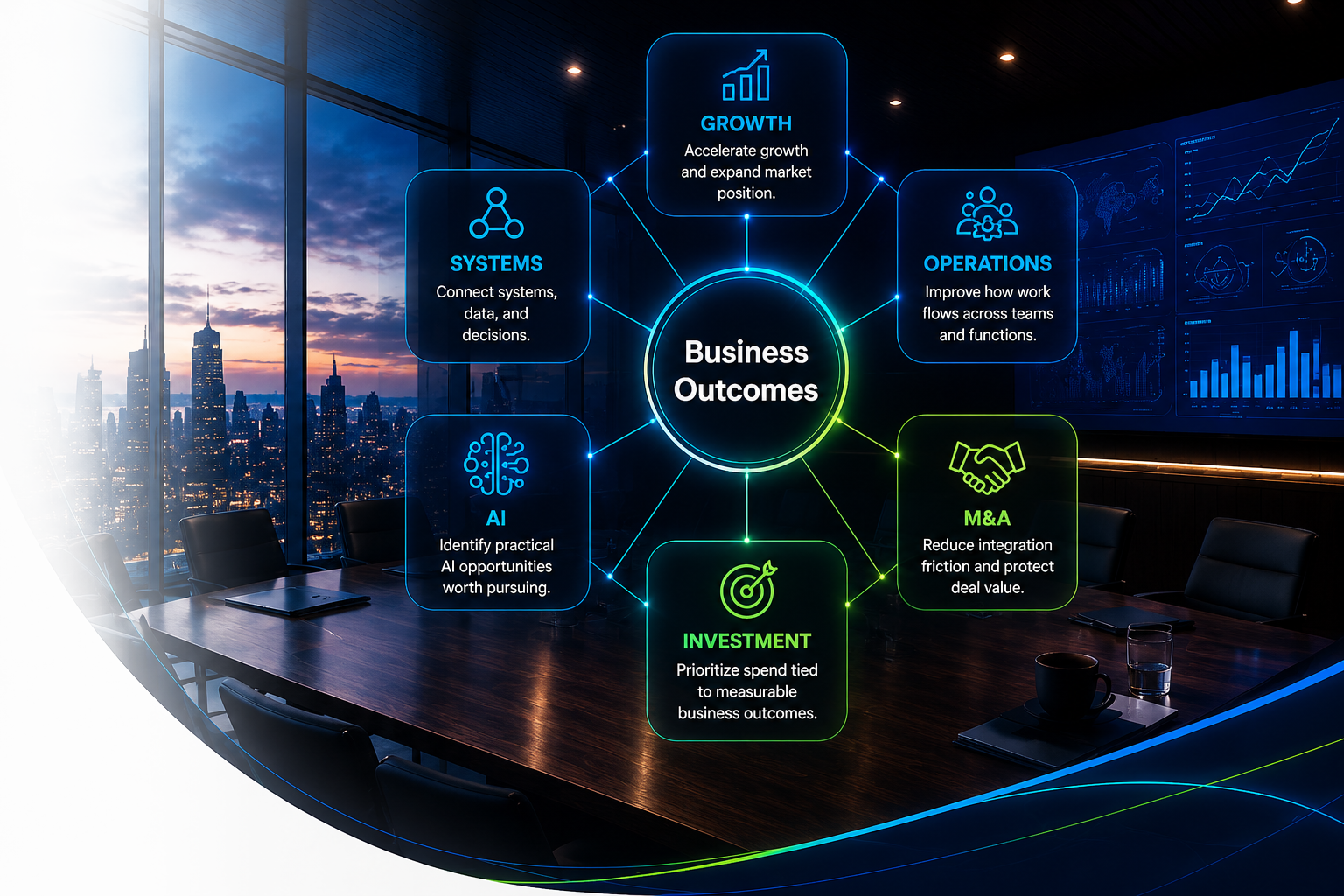 Business outcomes strategy visual in a modern executive boardroom